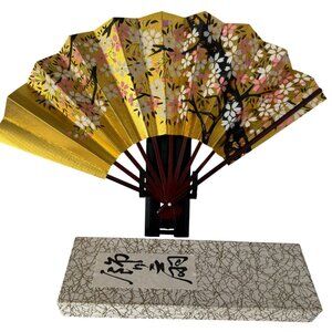 Golden Flowers Sensu Fan 9 series NIB w/stand Kawahori Cherry Blossom Kyoto Japa